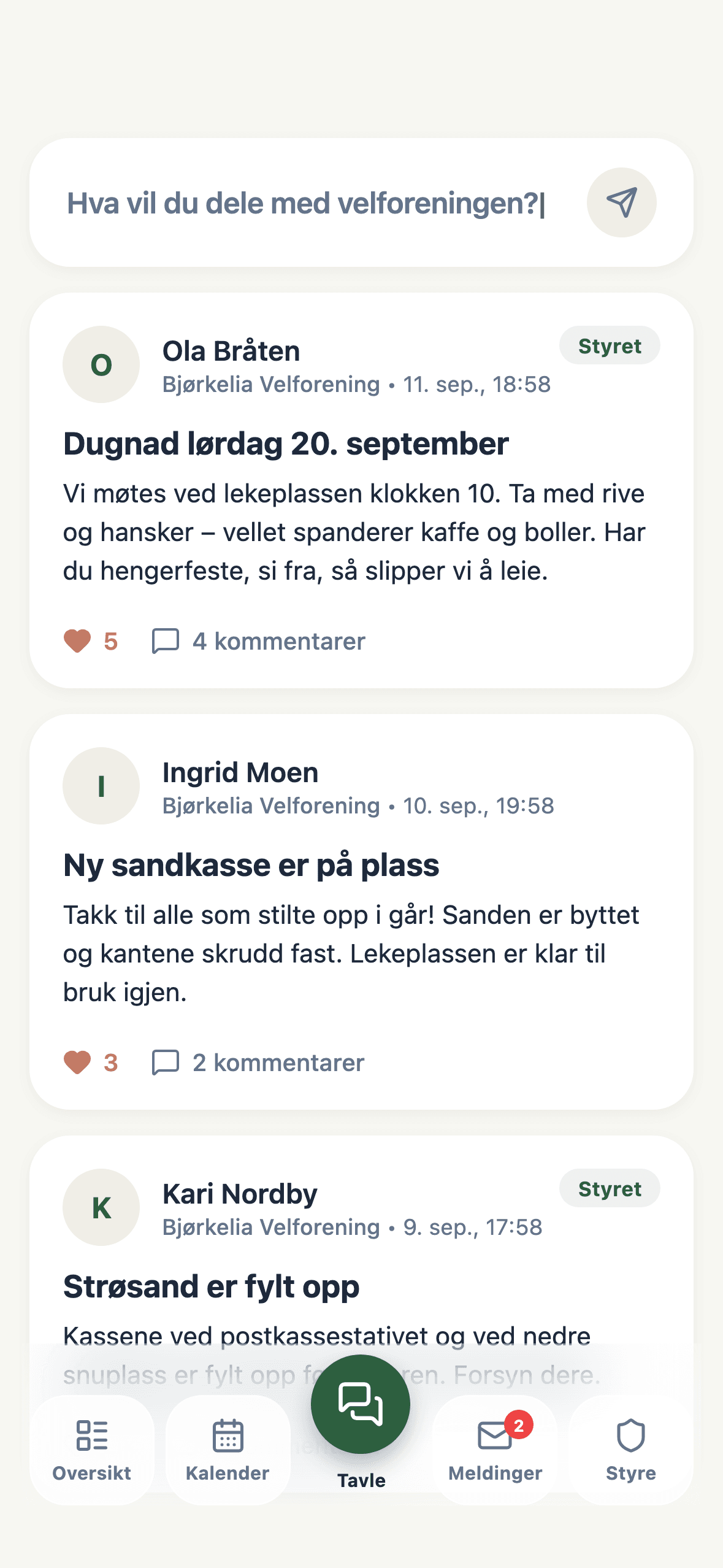 Tavlen i MittVel-appen med innlegg fra styret og naboer